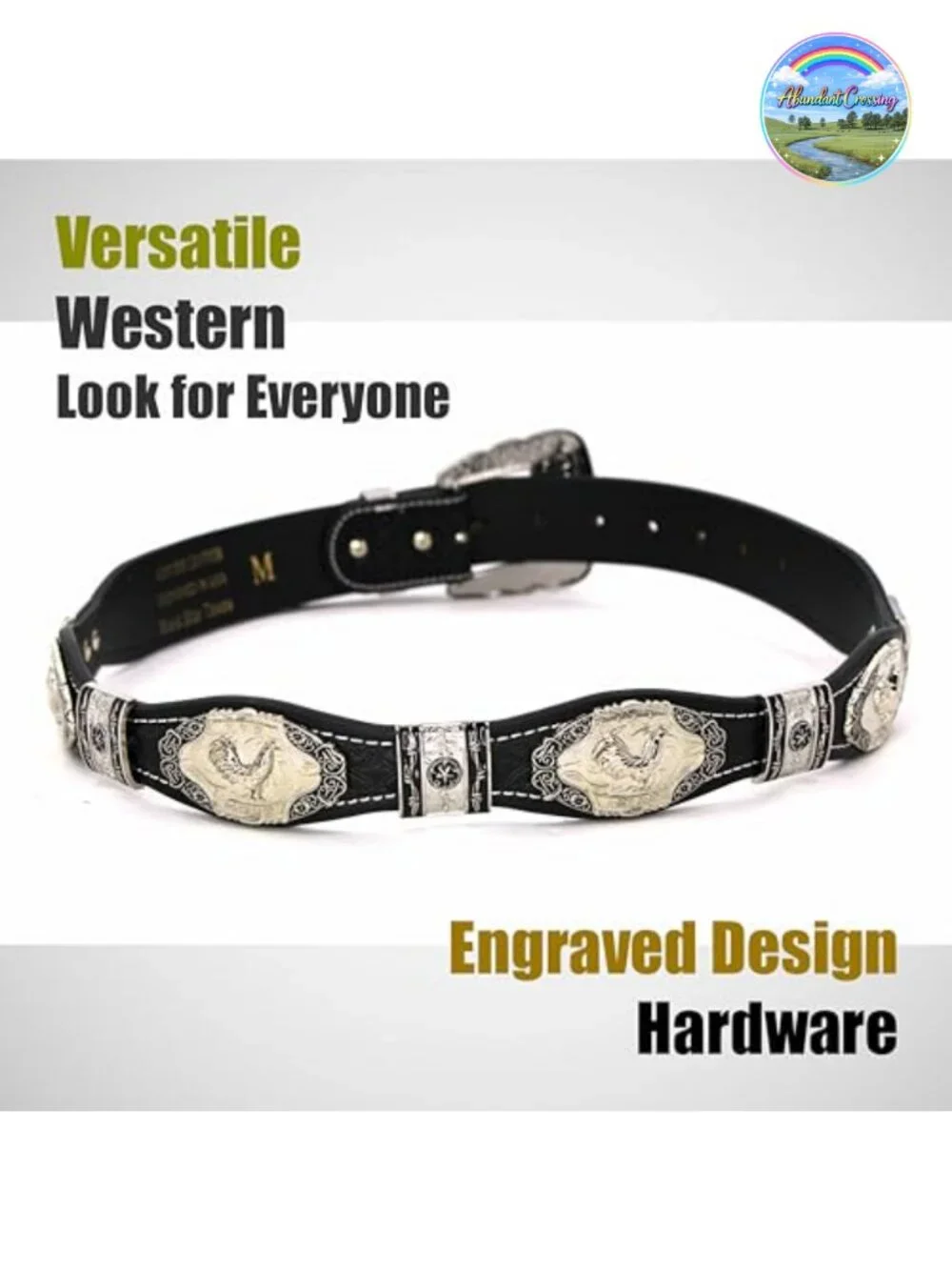 Genuine Leather Western Concho Belt with Silver Buckle - Rodeo Cowboy Belt for